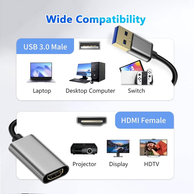 DERSUR محول USB إلى HD، 1080P USB 3.0 إلى موصل HD للذكور إلى الإناث كابل محول متعدد العرض للكمبيوتر المحمول والكمبيوتر المكتبي والتلفاز، متوافق مع Windows 11/10/8.1/8.7/MacOS رمادي - Image 5